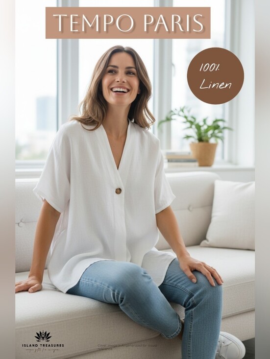 Tempo Paris Tops - Tempo Paris Size M White 100% Italian Linen One Button Kimono Tunic Blouse Top